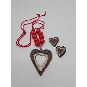 Vintage Artisan Kitsch Heart Pendant Red Beaded Necklace Earrings Valentine's Da